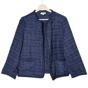Max Studio Tweed Fringe Trim Boxy Blazer Jacket Size M Navy Blue Office Business - Picture 1 of 12