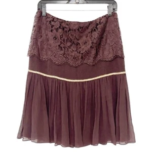VTG Anne Klein Brown Silk A-Line Skirt Tiered Scallop Lace Gold Embellish Pleats - Picture 1 of 7