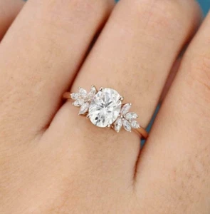 White 1.3Ct Oval Moissanite Gorgeous Cluster Anniversary Gift Ring 10k Rose Gold - Picture 1 of 6