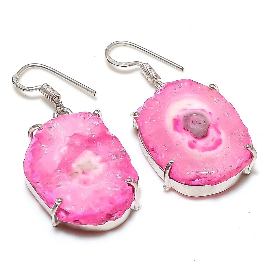 Pink Solar Quartz Druzy Gemstone Silver Plated Dangle Earrings Jewelry 2" - Image 1 of 1