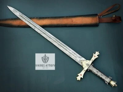Espada da coroa Excalibur de aço Damasco forjada à mão com bainha PRESENTE  - Imagem 1 de 3