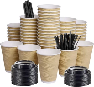 12Oz 100 Packs Insulated Kraft Ripple Wall Disposable to Go Paper Coffee Cups fo - Picture 1 of 12