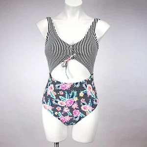 Arizona Jean Company One Piece Floral and Striped Swimsuit - Picture 1 of 9