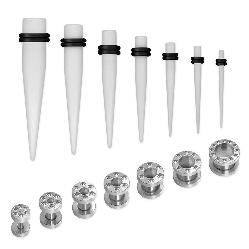 Strass Set Tunnel & Allargare Acciaio Inox & Acrilico 2-10mm Nero Argento - Immagine 1 di 1