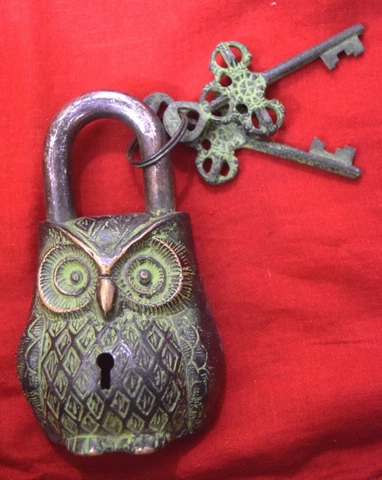 Owl Shape Lock Heavy Vintage Brass Padlock Green Colour Owl Padlock BM171 Cover
