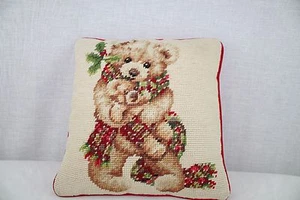 Teddy Bear Design Needlepoint Decorative Accent Pillow Floral -10" Square - Picture 1 of 5