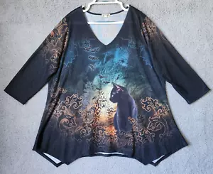 One World Women's L/S T Shirt Top AOP Halloween Black Cat Spider Webs Bats Sz 3X - Picture 1 of 12