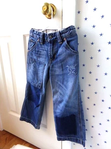 Boys GAP Jeans Size 4 1969 Classic SKULL Patched Blue Denim Rugged Embroidered - Picture 1 of 9
