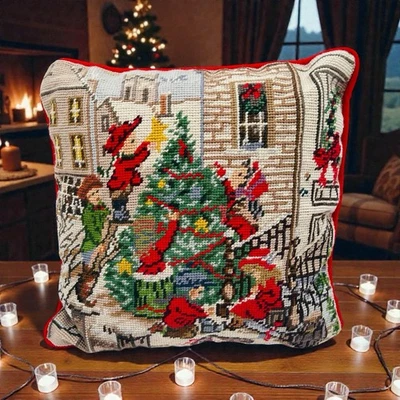 Vintage Handmade Christmas Wool Needlepoint Throw Pillow Velvet Tree 12"x12" - Image 1 of 4