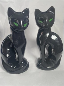 Coppia vintage due statuine gatto nero arte vetro nero, statuine, eleganti occhi verdi! - Foto 1 di 14