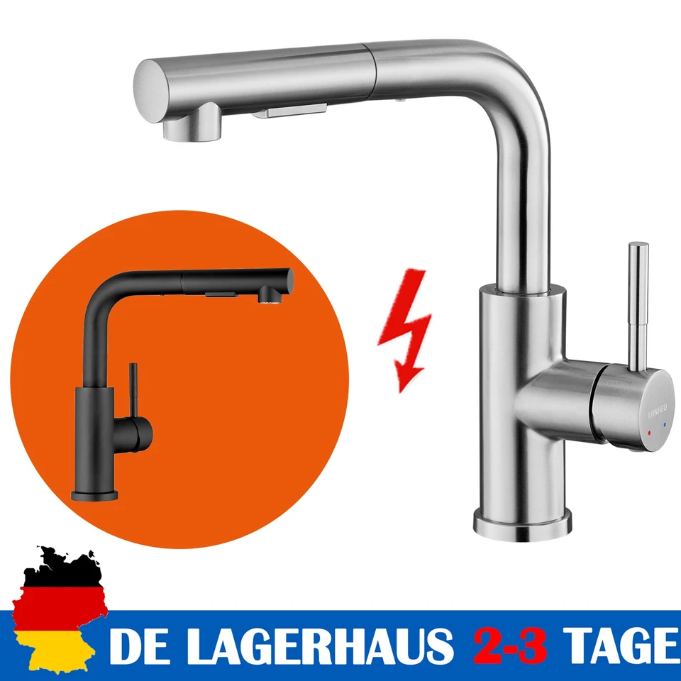 LONHEO MAX Niederdruck Küchenarmatur mit Ausziehbar Brause 360° Wasserhahn Spültischarmatur