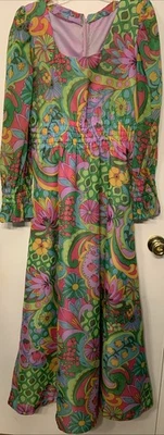 Maxi Vestido Hippie Retro Psicodélico Vintage Años 60/70 Hecho a Mano Floral Mod Foto 1 de 4