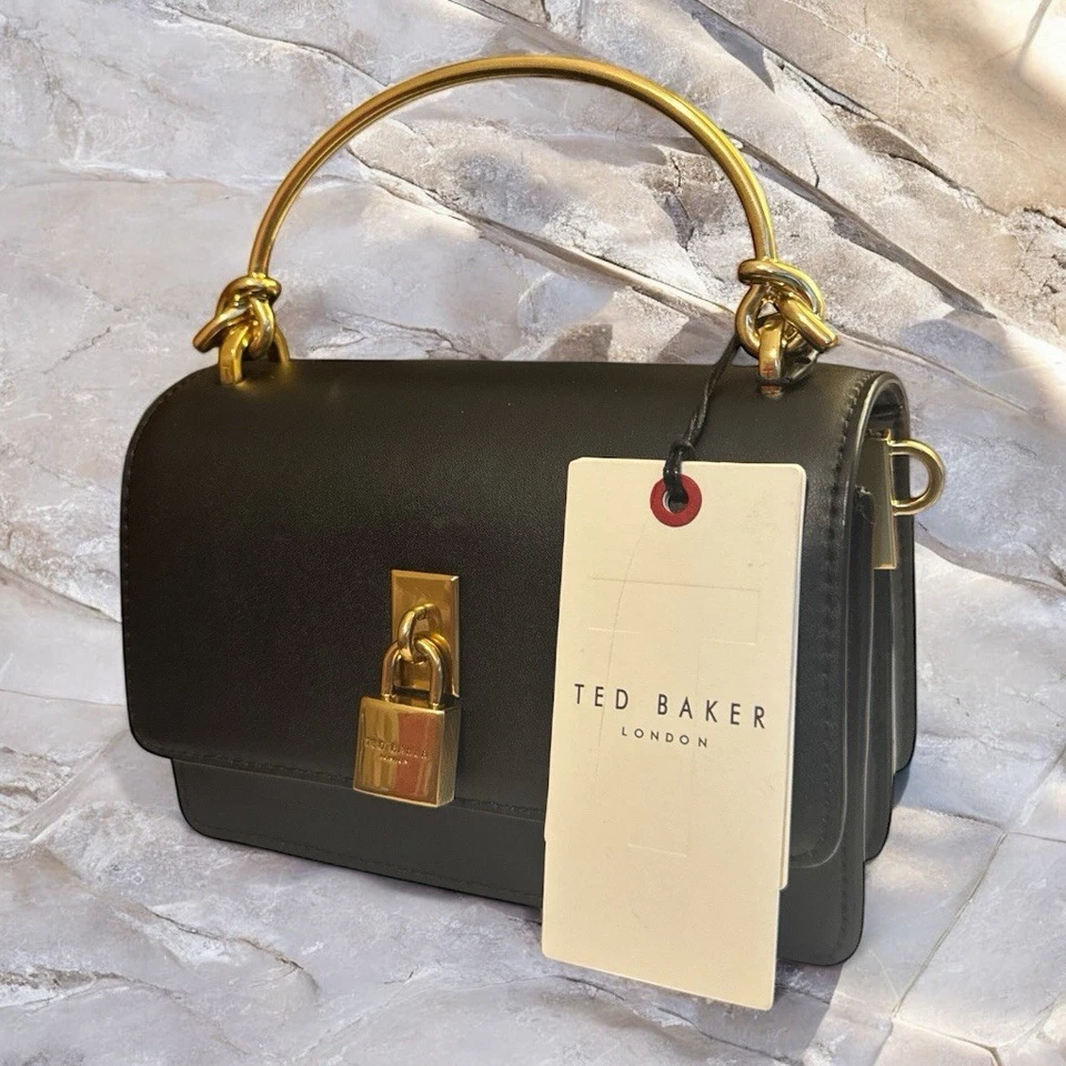 Ted Baker London Black Leather Top Handle Bag Gold Padlock Charm Detached Strap - Image 1 of 4