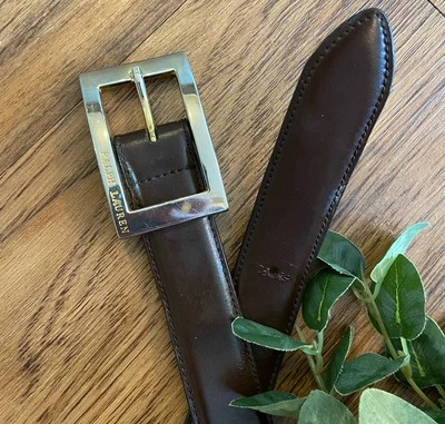 Cinturón de vestir vintage Polo Ralph Lauren de cuero con logotipo talla 32 marrón hebilla rectangular Foto 1 de 4