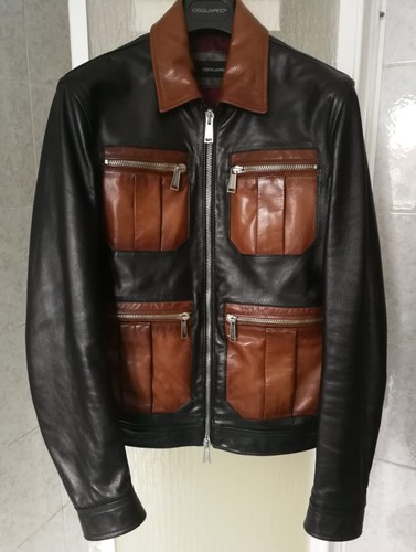DSQUARED2 NWT COLORBLOCK ZIP POCKETS HORSE LEATHER BOMBER JACKET COAT BIKER 50