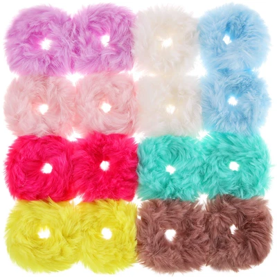 16 Pieces Colorful Furry Scrunchies Faux Fur Hair Band Rope Ponytail Holder - Image 1 of 4