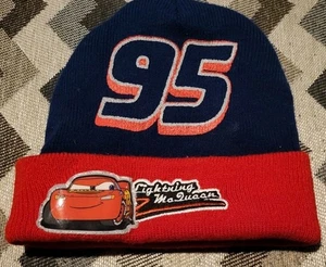 Disney Pixar Cars Lightning McQueen #95 Beanie Hat Red & Blue Knit Youth Size - Picture 1 of 3