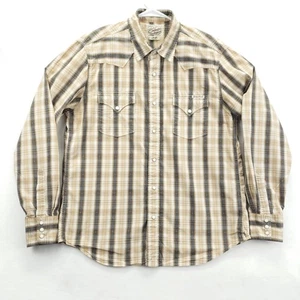 Lucky Brand Shirt Mens Large Beige Brown Plaid Western Pearl Snap Cotton Cowboy - Picture 1 of 12