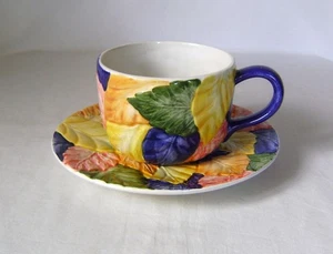 Large Cup & Saucer with Leaf Moulding & Bright Coloured Glazes : from Portugal - Picture 1 of 6