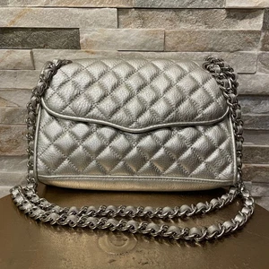 Rebecca Minkoff Quilted Leather Chain Bag | Silver Metallic Shoulder Purse NWOT - Picture 1 of 11