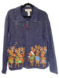 Christmas Jacket Womens Large Blue Holiday Sweater Reindeer Caroling Zip Cotton - Picture 1 of 9