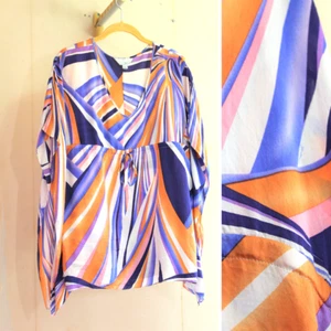 ZOA Caftan Shirt Womens M Silk Purple Orange Art Deco Stripe 1/2 Sleeve V Neck - Picture 1 of 9