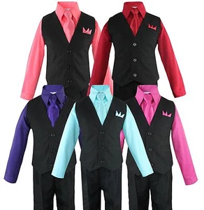 Toddler Boys 4 Piece Suit Set, Solid Black Vest and Pants w/ Colored Shirt 2T-14 - Picture 1 of 11