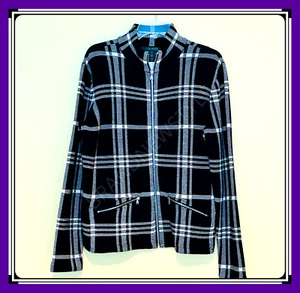 Lauren Ralph CARDIGN JACKET Women XL BLACK/WHITE Plaid Full Zip 100% COTTON NEW - Picture 1 of 1