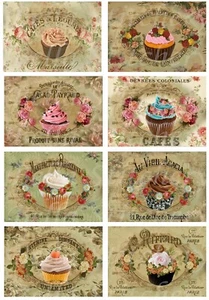 Set of 8 Vintage French Cupcake Shabby Chic Collage Craft Cotton FABRIC Panels - Picture 1 of 1
