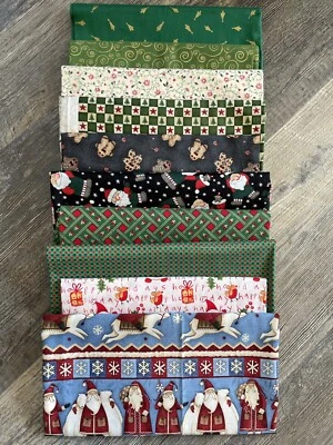 Christmas Cotton Fabric Remnants Bundle Santa Tree Holly Swirl  - Image 1 of 4