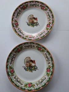 Williams Sonoma Thanksgiving Famille Rose TURKEY Salad plates Set/2 pink & green - Picture 1 of 5