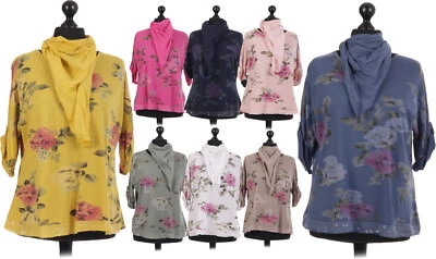 New Italian Ladies Women Lagenlook Floral Cotton Tunic Top with Scarf Size 14-22 - Image 1 of 4