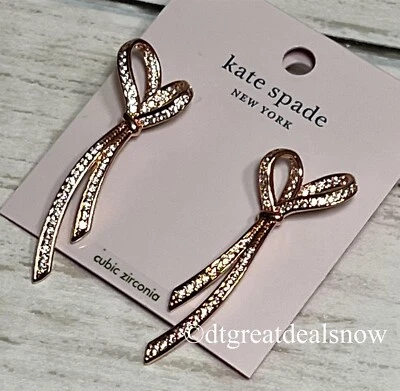 Kate Spade ALL TIED UP Drop Earrings Rose Gold K8911 Bow Sparkle Clear Stone New - Image 1 of 4