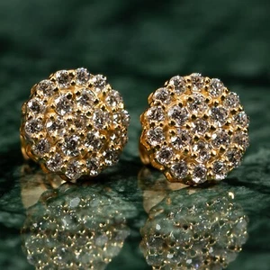 Pendientes grandes redondos de racimo de flores de oro amarillo de 14 K de diamantes cultivados en laboratorio VVS de 1,05 quilates - Imagen 1 de 7