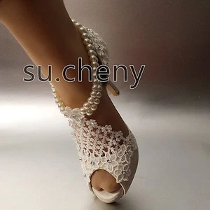 su.cheny 3" 4” silk white ivory lace peep toe pearls anklet Wedding Bridal shoes - Picture 1 of 12