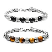 Charm Natural Bracelets Tiger Eye Stone Gemstone Beads Stainless Steel Bangle