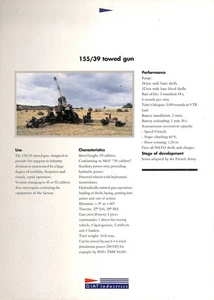 GIAT / 155-39 TOWED GUN / CANON TRACTÉ / FICHE TECHNIQUE de 1992 / ENGLISH - Foto 1 di 2