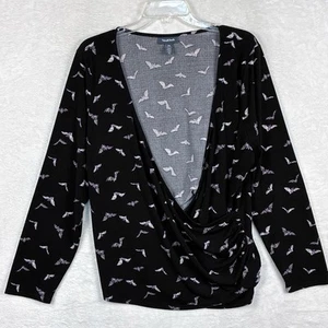 ModCloth Womens 2X Witchy Black Purple Bat Faux Wrap Top Spooky Halloween Goth - Picture 1 of 7