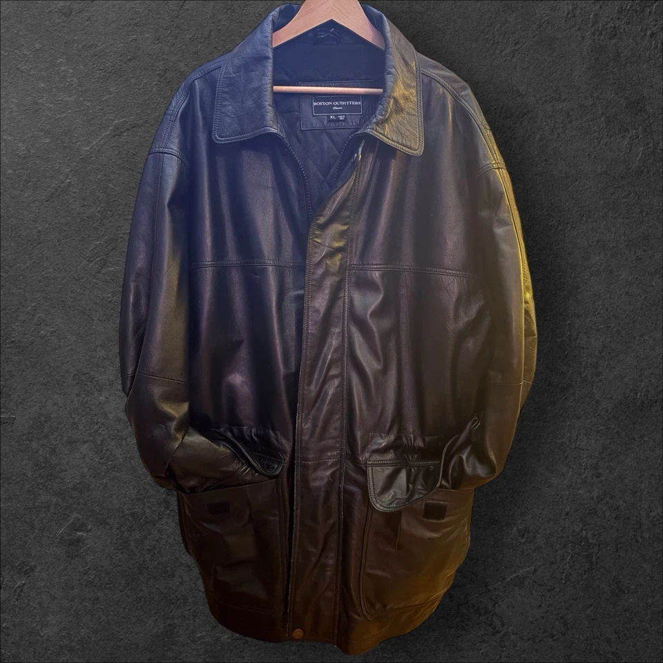 Boston Outfitters Chaqueta Para Hombre XL Negro Cuero Genuino Largo Coche Abrigo Acolchado Foto 1 de 4