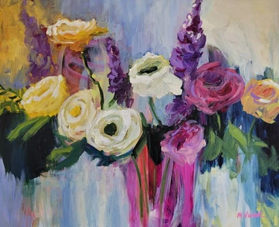 Pintura Artística Abstracta MONA VIVAR Original 24x20 Coloridas Flores Expresionismo Foto 1 de 4