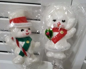 Lot 2 Vtg Snowman Snowgirl Christmas Floral Pick Glitter Styrofoam Felt - Picture 1 of 2