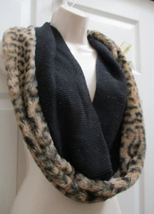 Damen Infinity Winter Kreis Schal Kombination Leopard Kunstfell & schwarz Strick Neu mit Etikett - Bild 1 von 16
