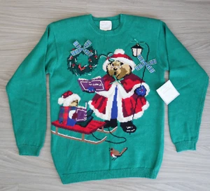 Vintage Susan Bristol 90s Santa Bear Sweater Christmas Sled Carol Small S NEW - Picture 1 of 8