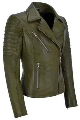 Hecha a mano Nueva Elegante Chaqueta de Motocicleta para Mujer Cuero Verde Oliva Piel de Cordero Informal Foto 1 de 4