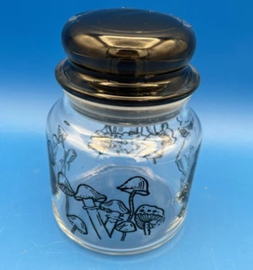 Apothecary Clear Glass Jar with Mushroom Designs Black Lid 5.5" tall - Picture 1 of 11