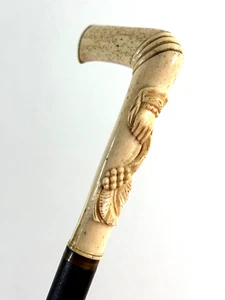 Antique 1900 hand carved wooden German walking stick cane hand leaf grape WOW - Picture 1 of 18