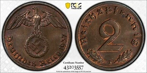 Nazi Coin - PCGS MS64BN 1937-F 2 Pfennig Pfg Germany, J.362 WW2 *Two higher* - Picture 1 of 5