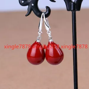 Natural 12x16mm Coral Red South Sea Shell Pearl Silver Hook Dangle Earrings - Picture 1 of 3