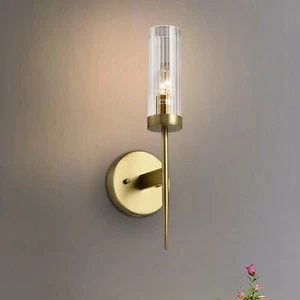 Indoor Wall Light Brass Tube Light Glass Shade Vanity Wall Lamp E14 LED Bulb - Picture 1 of 10