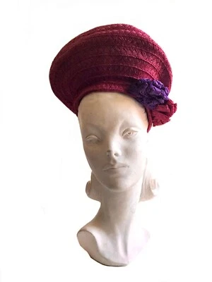 vintage 1940s hot pink raffia straw sculptural hat/ 1930s beret hat by New York  - Image 1 of 4